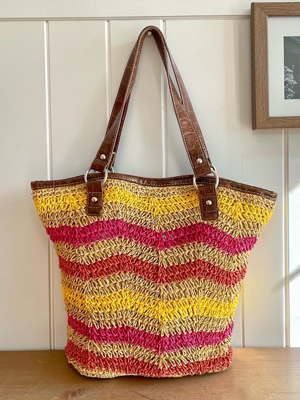 Merona Woven Chevron Large Tote Bag Double Handles Snap Closure